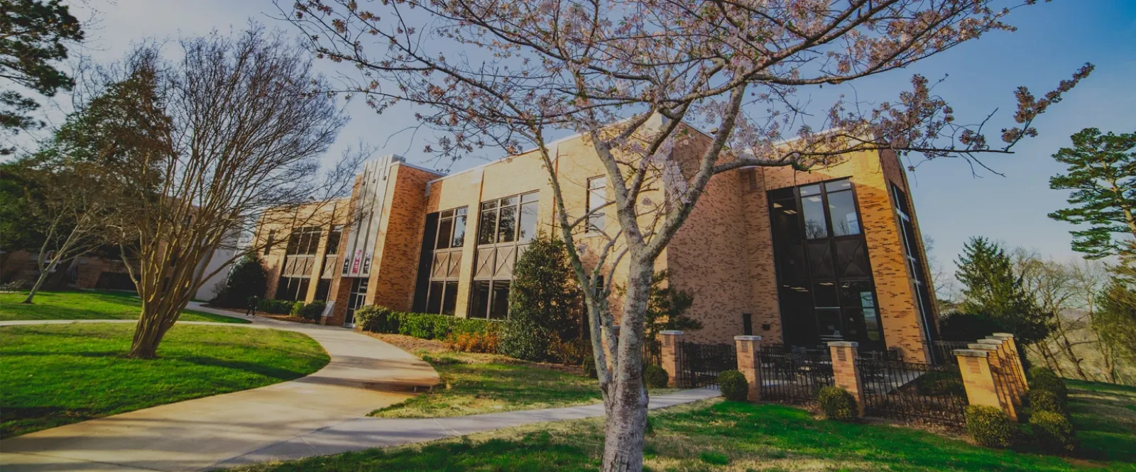A Bryan College campus building framed by flowering trees