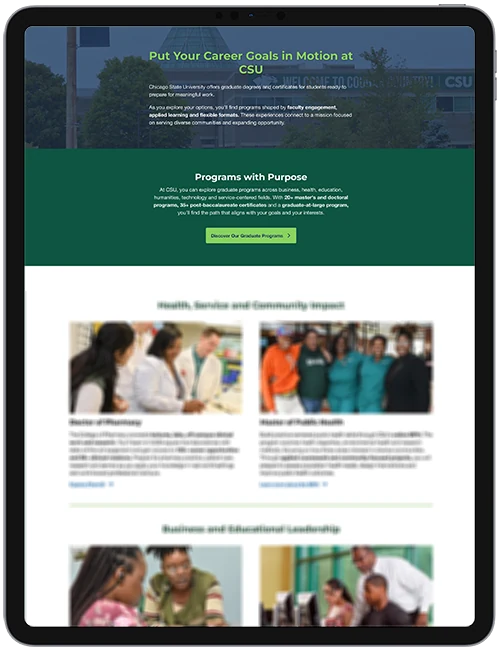 A tablet showing the CSU graduate guide, Put Your Career Goals in Motion at CSU.