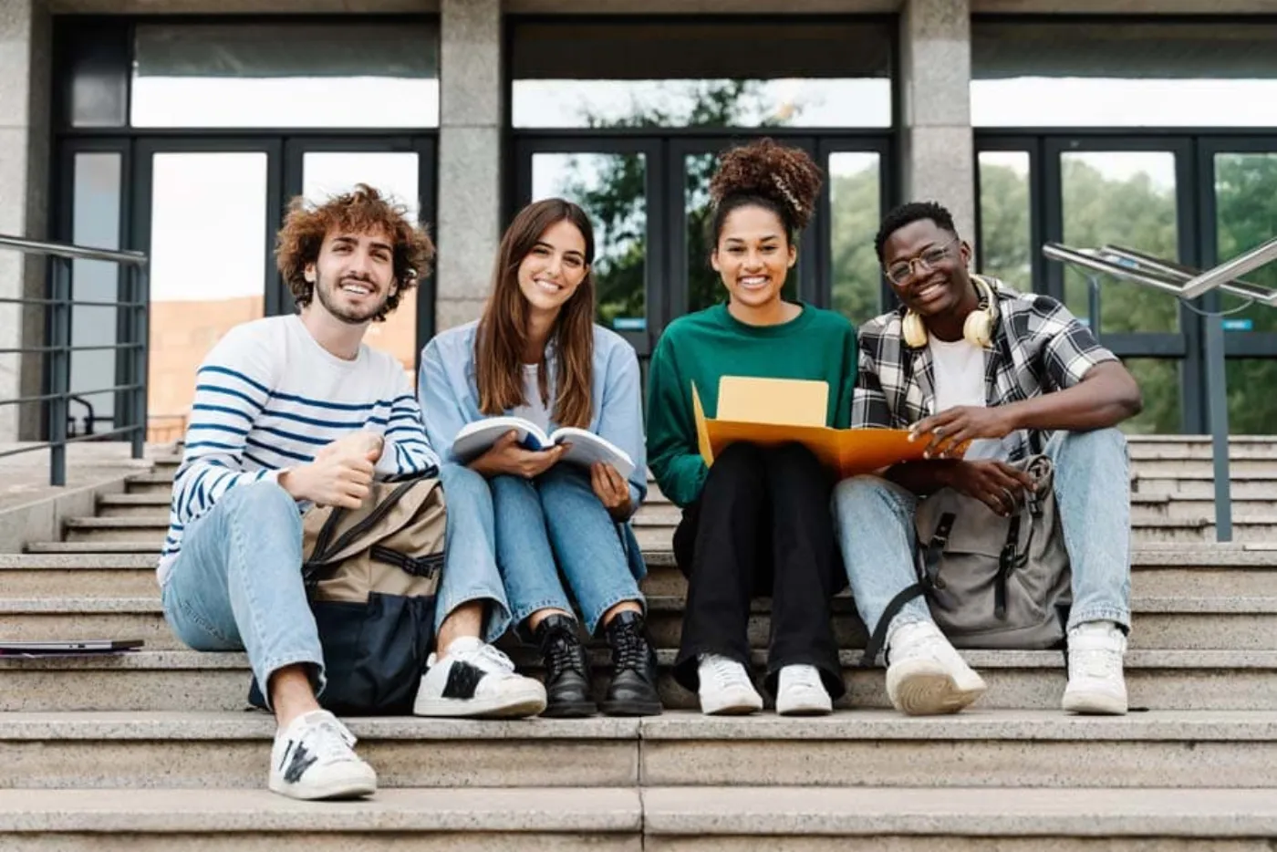 Students sitting together on campus steps.